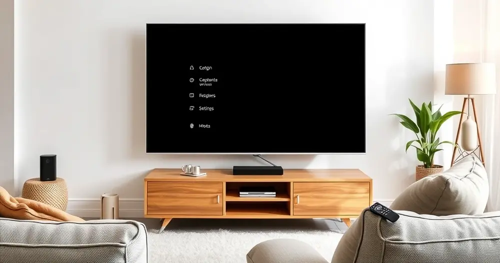 televisão exibindo menu de configurações na sala clara