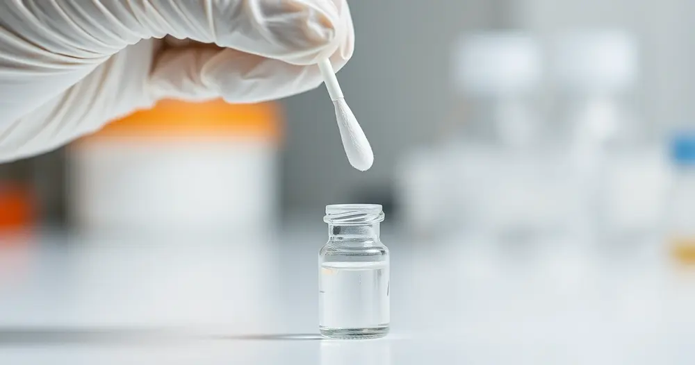 Mão com luva segurando swab de coleta acima de um frasco de vidro