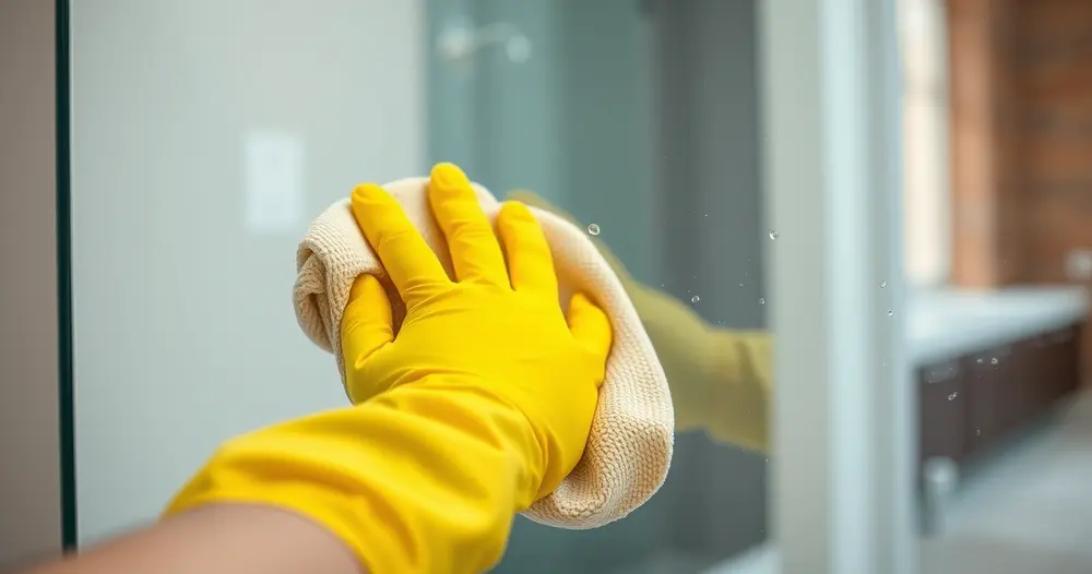Mão com luva amarela limpando um espelho com pano de microfibra