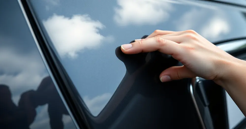 Mão apoiada na lataria escura de um carro com reflexo do céu na pintura