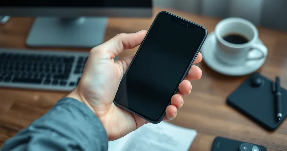 Mão segurando um celular com a tela desligada sobre uma mesa de trabalho