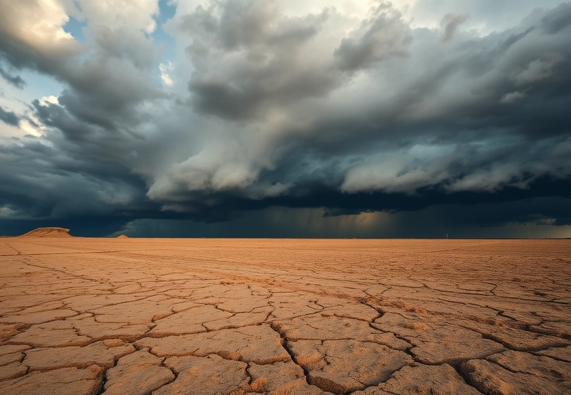 Solo rachado pela seca com nuvens de tempestade se formando ao fundo
