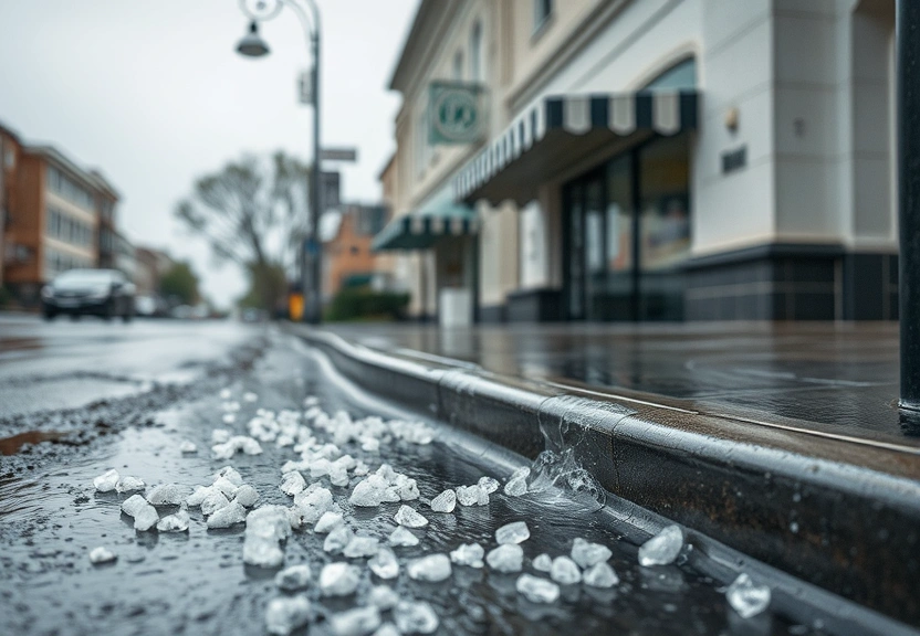 Pedras de granizo na rua molhada depois do temporal