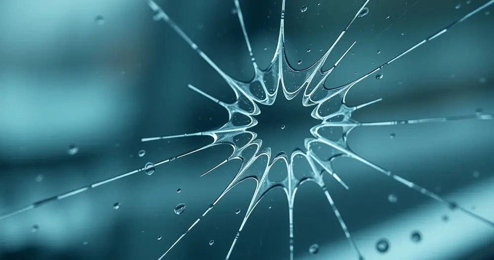 Trinca em estrela no vidro laminado do para-brisa de um carro com gotas de chuva