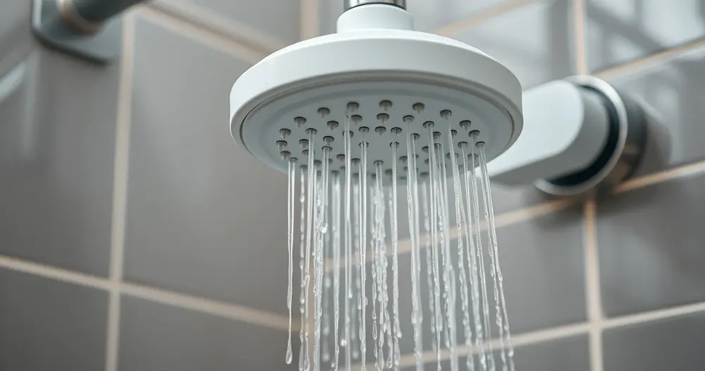 Chuveiro elétrico branco com água quente caindo em banheiro azulejado