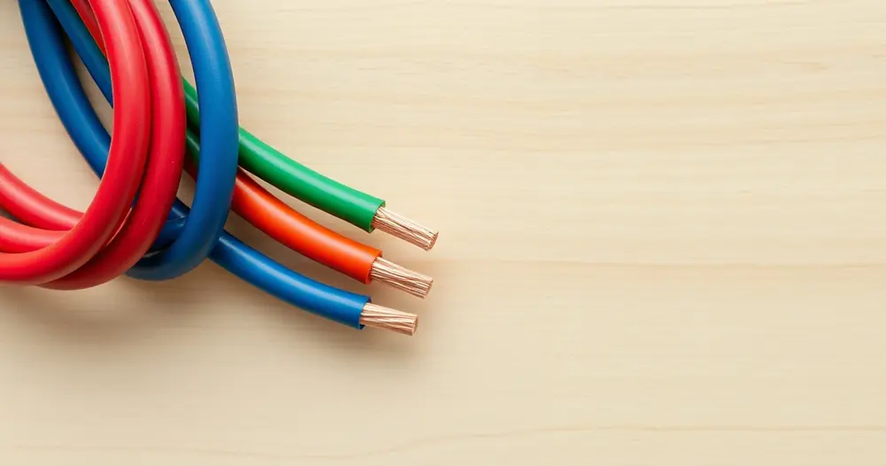 Fios elétricos vermelho, azul e verde com pontas de cobre descascadas