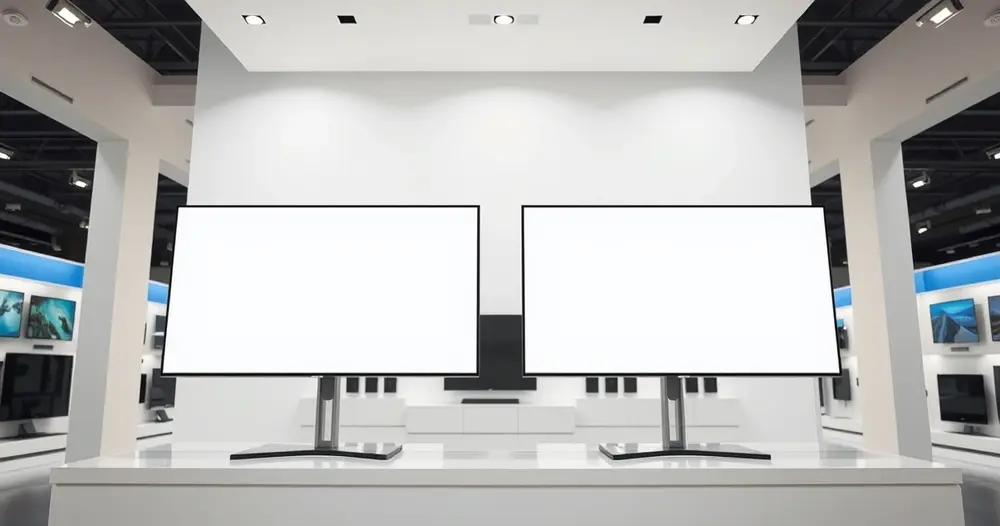 duas televisões lado a lado em showroom de eletrônicos