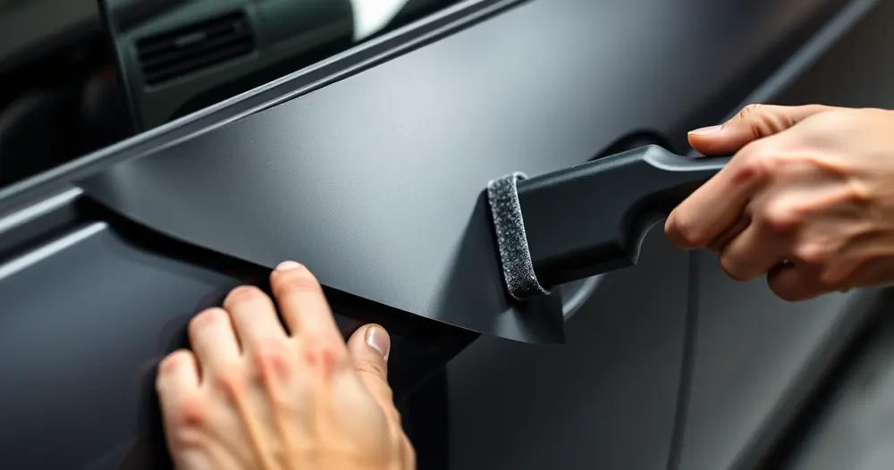 Mãos aplicando película preta fosca na porta de um carro com espátula