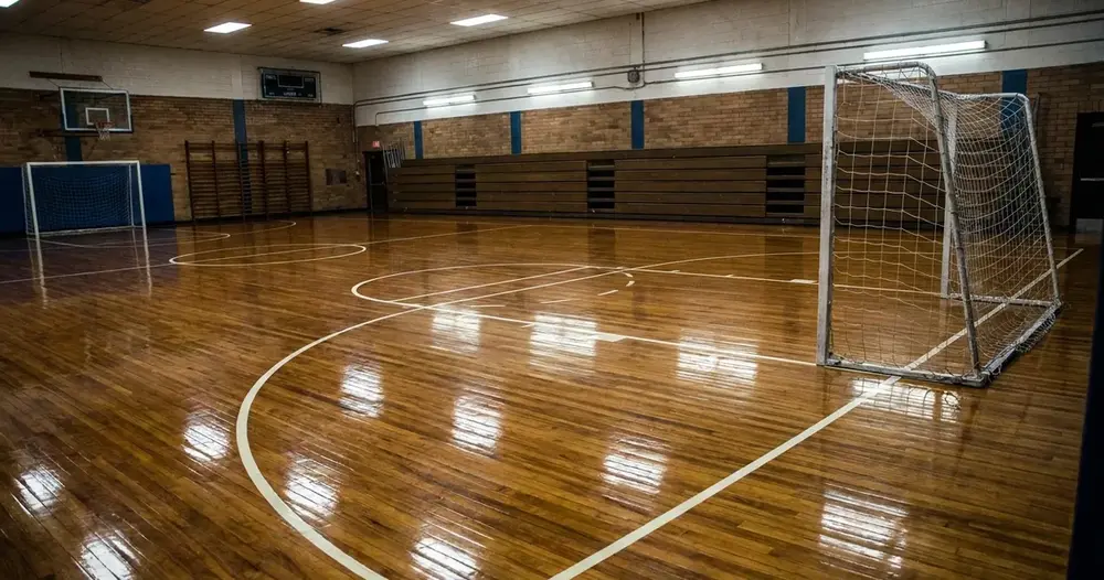 quadra de futsal vazia com piso de madeira e marcações